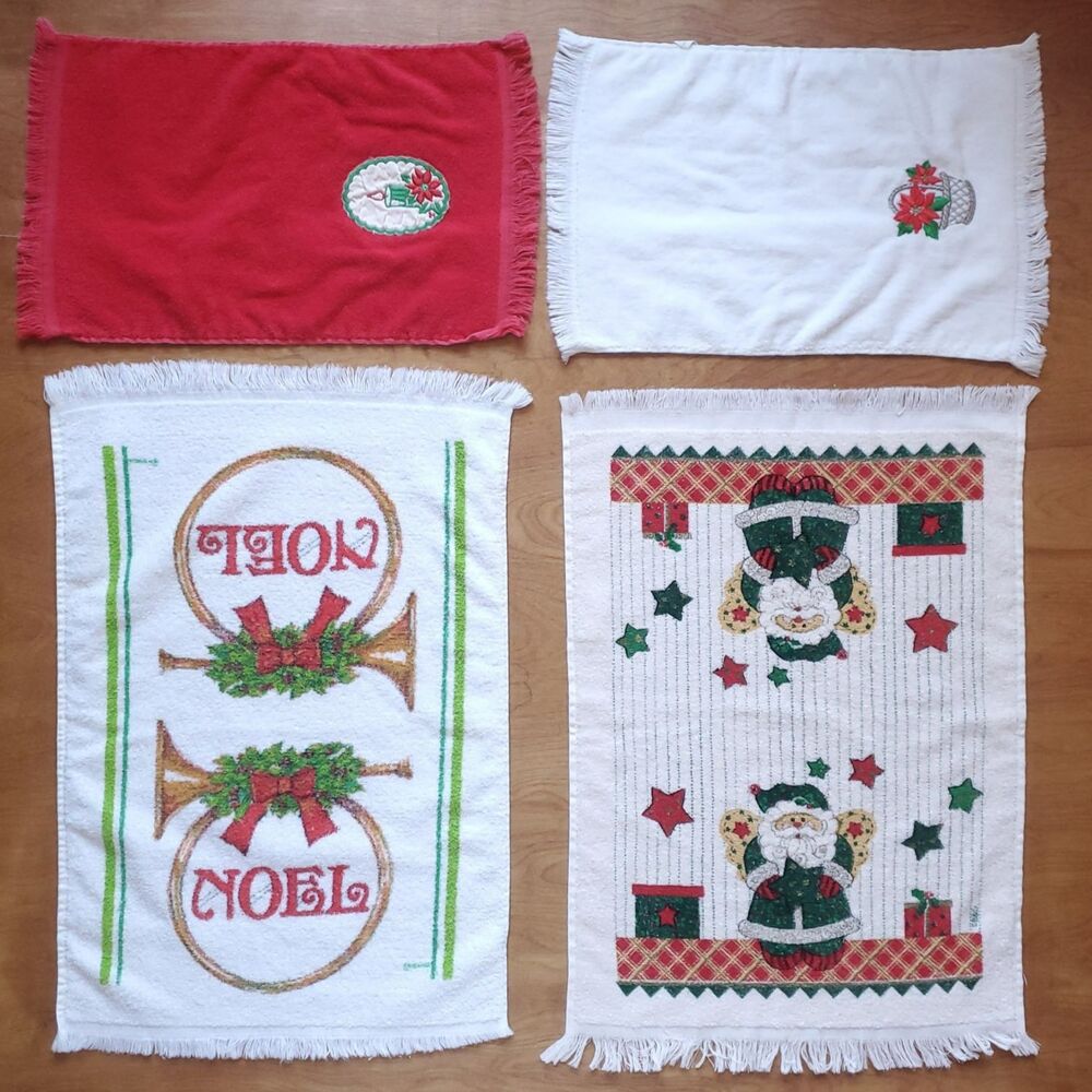 Vintage Lot of 4 Christmas Hand Dish Kitchen Terry Cloth Towels Made in USA